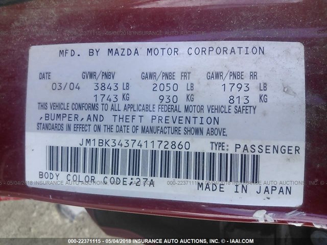 JM1BK343741172860 - 2004 MAZDA 3 HATCHBACK RED photo 9