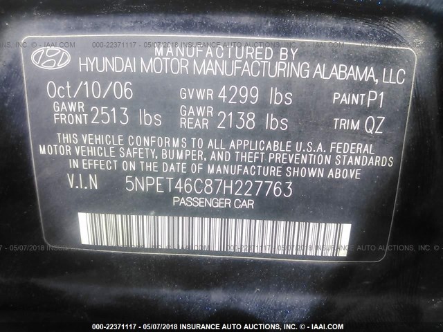 5NPET46C87H227763 - 2007 HYUNDAI SONATA GLS BLUE photo 9
