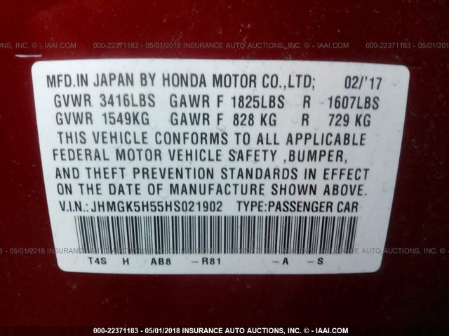 JHMGK5H55HS021902 - 2017 HONDA FIT LX RED photo 9