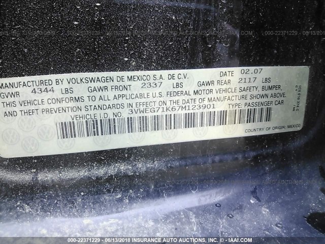 3VWEG71K67M123901 - 2007 VOLKSWAGEN JETTA 黑色 照片 9