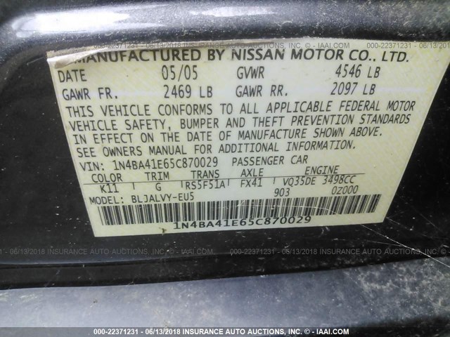 1N4BA41E65C870029 - 2005 NISSAN MAXIMA SE/SL GRAY photo 9