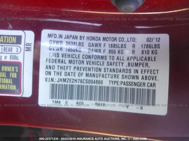 JHMZE2H76CS004860 - 2012 HONDA INSIGHT EX RED photo 9