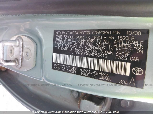 JTDBT903494055412 - 2009 TOYOTA YARIS GREEN photo 9