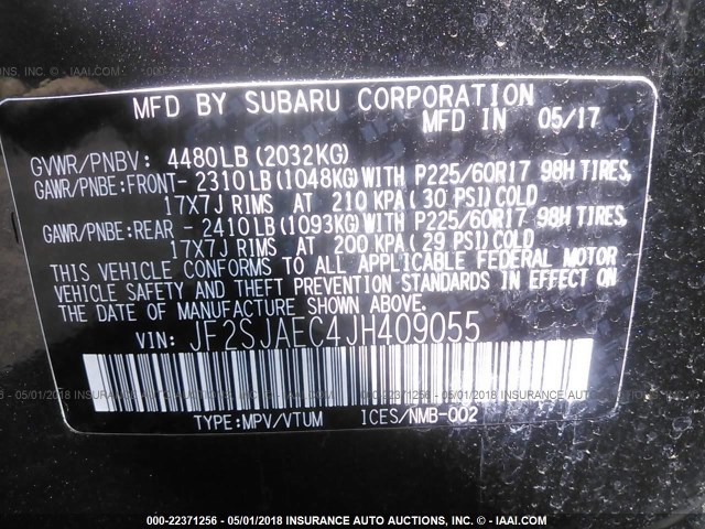 JF2SJAEC4JH409055 - 2018 SUBARU FORESTER 2.5I PREMIUM BLACK photo 9