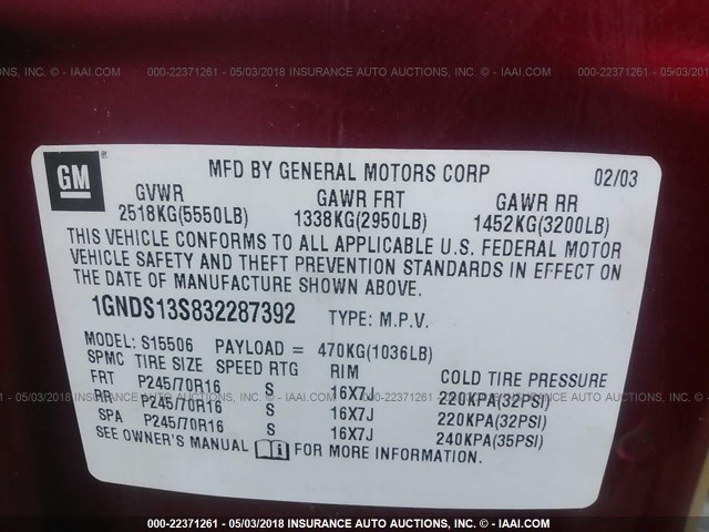 1GNDS13S832287392 - 2003 CHEVROLET TRAILBLAZER  MAROON photo 9