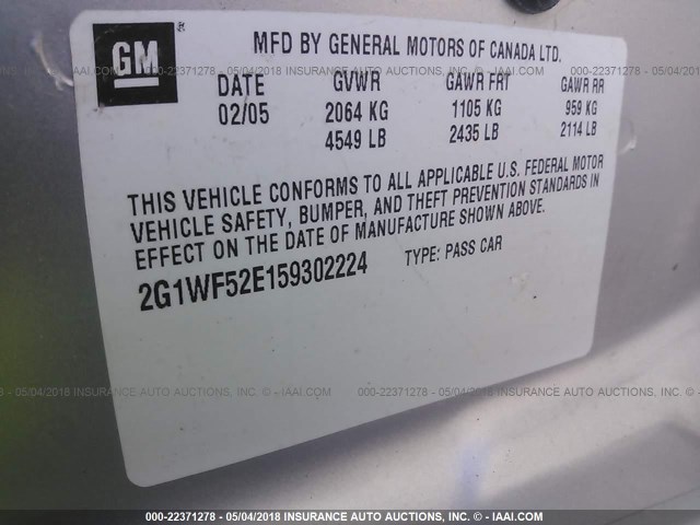 2G1WF52E159302224 - 2005 CHEVROLET IMPALA SILVER photo 9