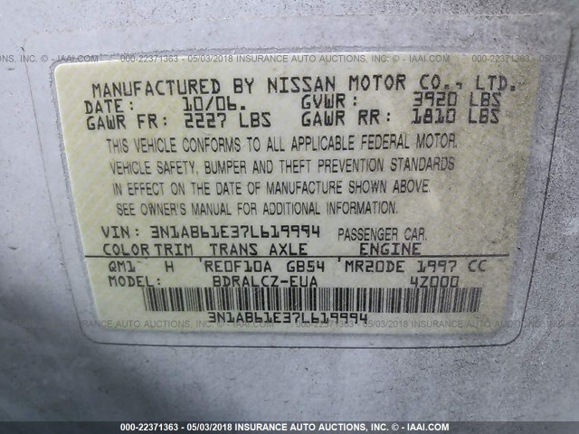 3N1AB61E37L619994 - 2007 NISSAN SENTRA 2.0/2.0S/2.0SL WHITE photo 9