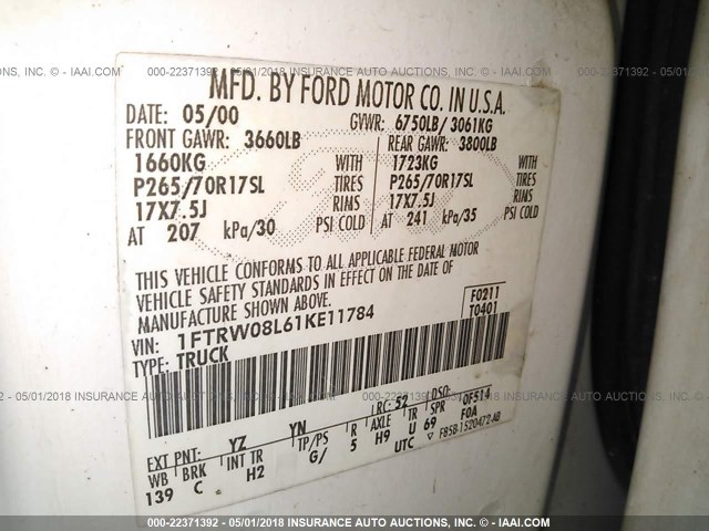 1FTRW08L61KE11784 - 2001 FORD F150 SUPERCREW WHITE photo 9