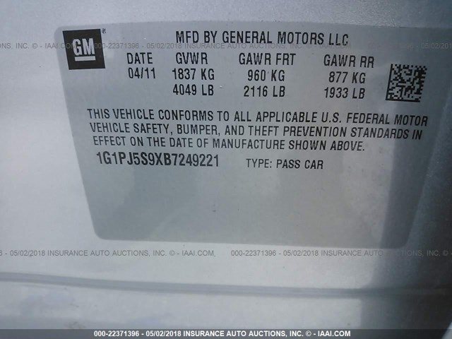 1G1PJ5S9XB7249221 - 2011 CHEVROLET CRUZE ECO SILVER photo 9