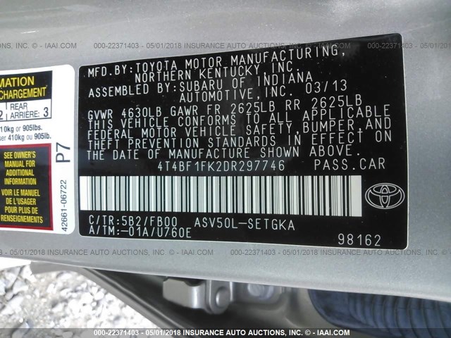 4T4BF1FK2DR297746 - 2013 TOYOTA CAMRY L/SE/LE/XLE BEIGE photo 9