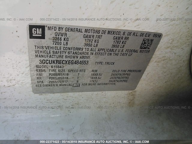 3GCUKRECXEG484653 - 2014 CHEVROLET SILVERADO K1500 LT WHITE photo 9