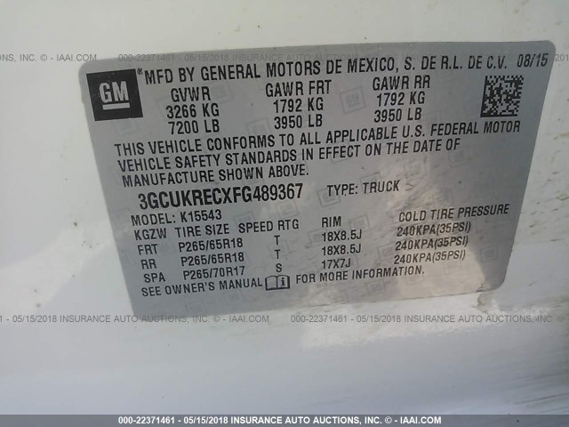 3GCUKRECXFG489367 - 2015 CHEVROLET SILVERADO K1500 LT WHITE photo 9