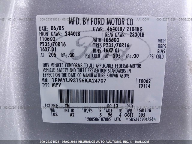 1FMYU93156KA24707 - 2006 FORD ESCAPE XLT GRAY photo 9