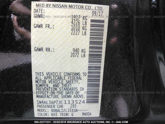 1N4AL3AP7JC113524 - 2018 NISSAN ALTIMA 2.5/S/SV/SL/SR BLACK photo 9