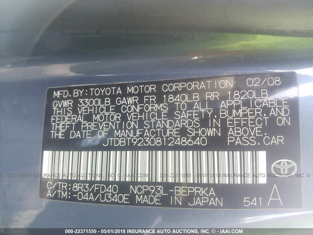 JTDBT923081248640 - 2008 TOYOTA YARIS BLUE photo 9