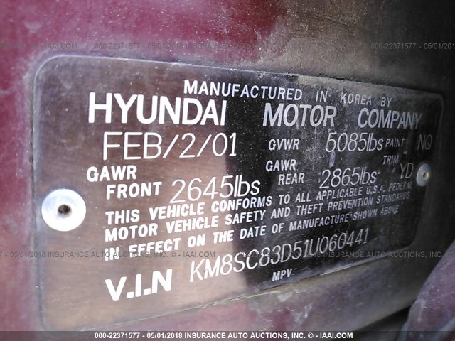 KM8SC83D51U060441 - 2001 HYUNDAI SANTA FE GLS/LX MAROON photo 9