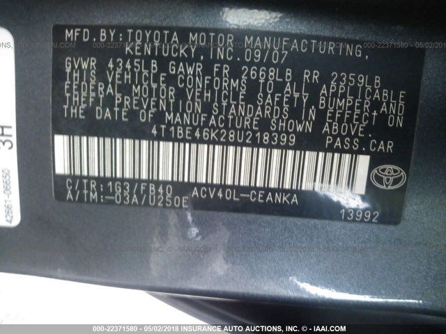 4T1BE46K28U218399 - 2008 TOYOTA CAMRY CE/LE/XLE/SE GRAY photo 9
