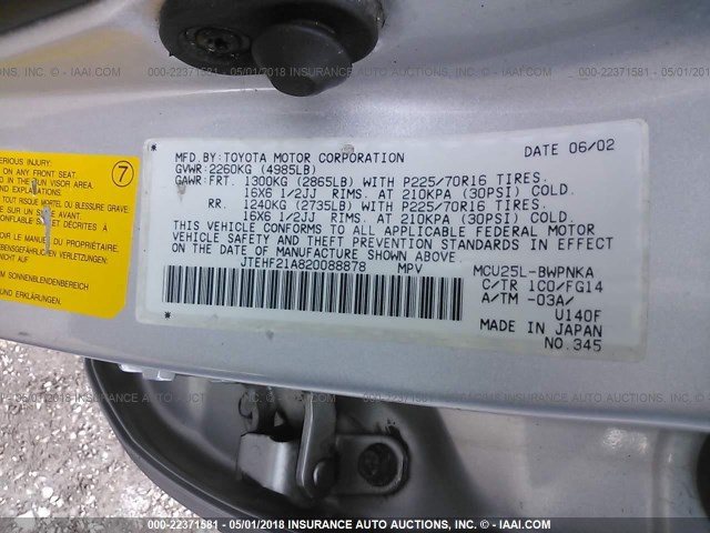 JTEHF21A820088878 - 2002 TOYOTA HIGHLANDER LIMITED SILVER photo 9