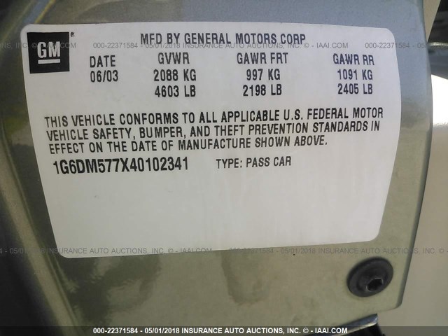 1G6DM577X40102341 - 2004 CADILLAC CTS GREEN photo 9