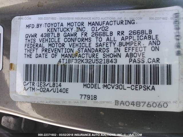 4T1BF32K32U521843 - 2002 TOYOTA CAMRY LE/XLE/SE ნაცრისფერი ფოტო 9