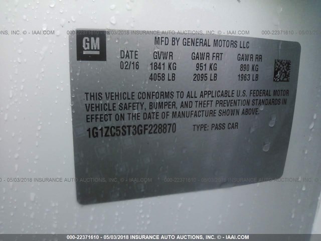 1G1ZC5ST3GF228870 - 2016 CHEVROLET MALIBU LS 白色 照片 9