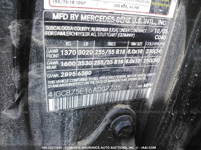 4JGCB75E16A007705 - 2006 MERCEDES-BENZ R 500 BLACK photo 9