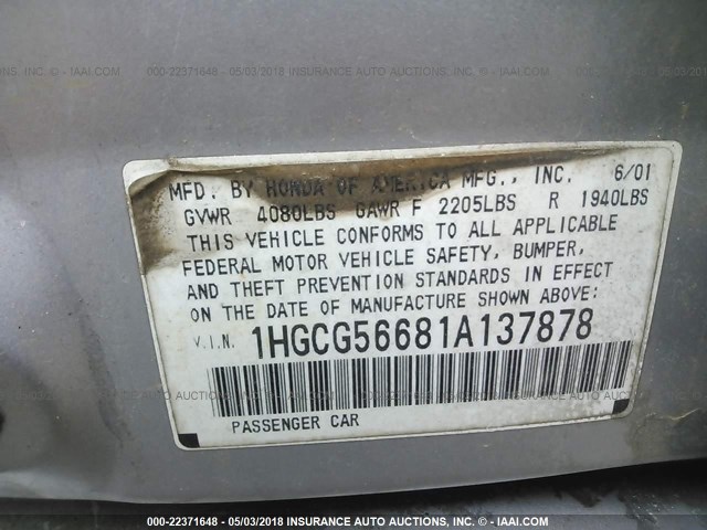 1HGCG56681A137878 - 2001 HONDA ACCORD EX GRAY photo 9