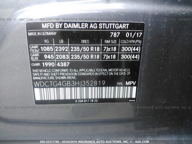 WDCTG4GB3HJ352819 - 2017 MERCEDES-BENZ GLA 250 4MATIC GRAY photo 9