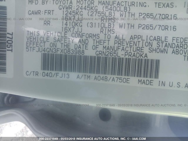 5TFJU4GN3FX083988 - 2015 TOYOTA TACOMA DOUBLE CAB PRERUNNER WHITE photo 9