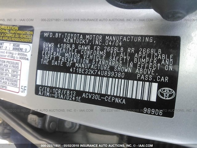 4T1BE32K74U899380 - 2004 TOYOTA CAMRY LE/XLE/SE ვერცხლისფერი ფოტო 9