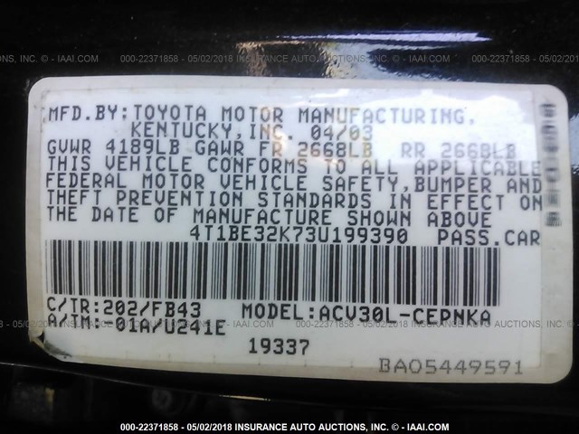 4T1BE32K73U199390 - 2003 TOYOTA CAMRY LE/XLE/SE BLACK photo 9