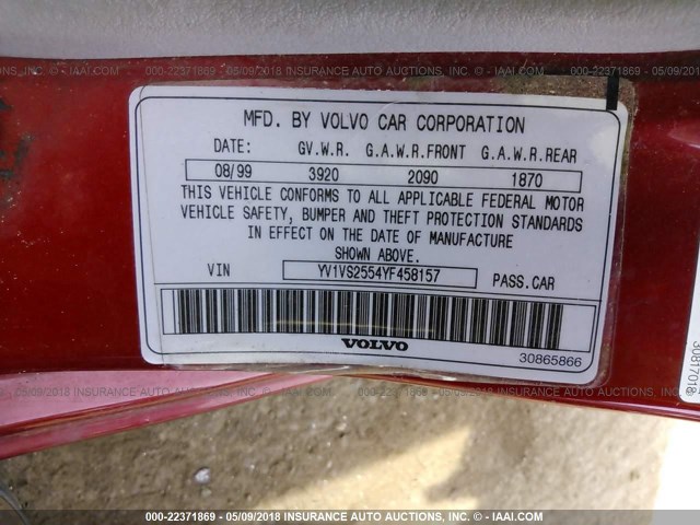 YV1VS2554YF458157 - 2000 VOLVO S40 RED photo 9