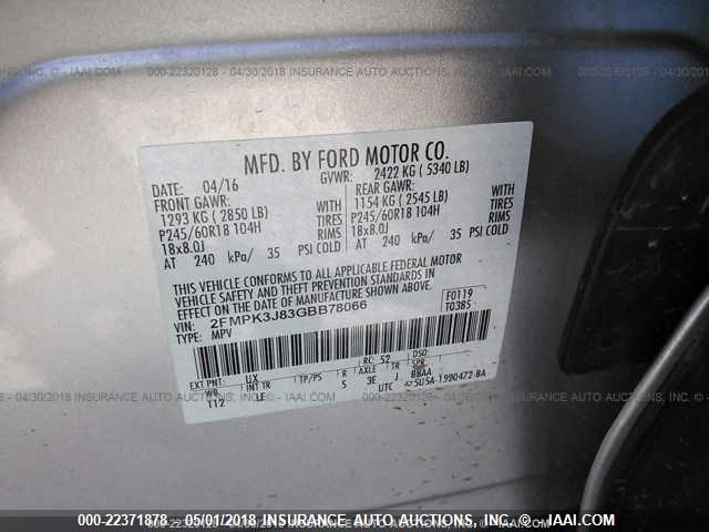 2FMPK3J83GBB78066 - 2016 FORD EDGE SEL SILVER photo 9