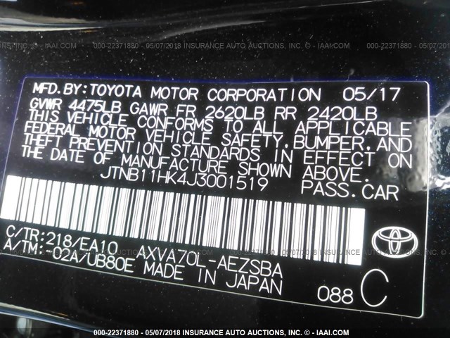 JTNB11HK4J3001519 - 2018 TOYOTA CAMRY L/LE/XLE/SE/XSE BLACK photo 9