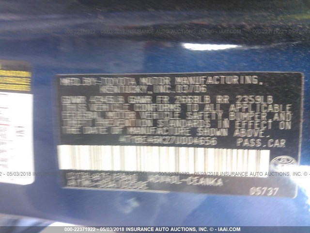 4T1BE46K27U004656 - 2007 TOYOTA CAMRY NEW GENERAT CE/LE/XLE/SE BLUE photo 9