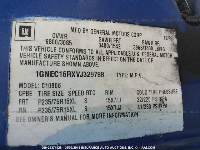 1GNEC16RXVJ329788 - 1997 CHEVROLET SUBURBAN C1500 BLUE photo 9