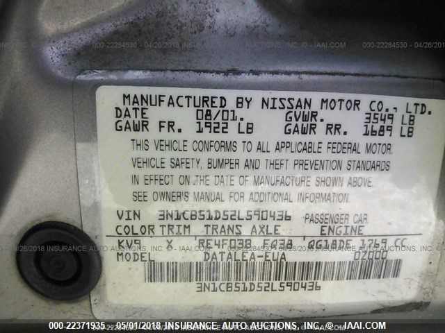 3N1CB51D52L590436 - 2002 NISSAN SENTRA XE/GXE SILVER photo 9