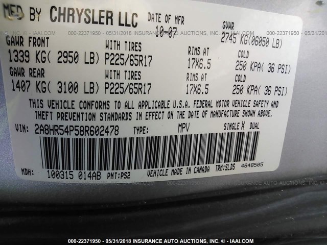 2A8HR54P58R602478 - 2008 CHRYSLER TOWN & COUNTRY TOURING GRAY photo 9
