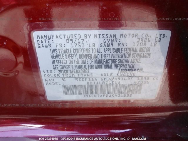 3N1CN7AP2JK406832 - 2018 NISSAN VERSA S/S PLUS/SV/SL RED photo 9