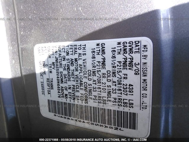 JN8AS58V49W448476 - 2009 NISSAN ROGUE S/SL SILVER photo 9