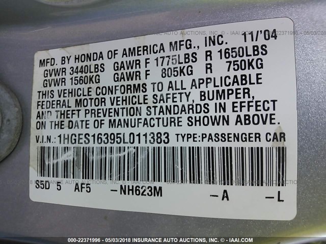 1HGES16395L011383 - 2005 HONDA CIVIC DX VP SILVER photo 9