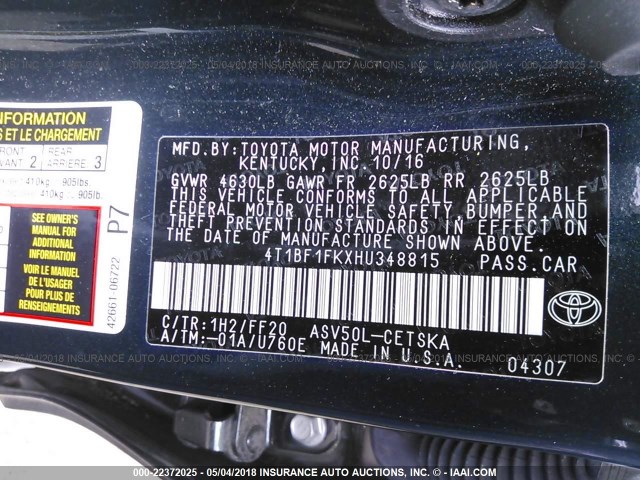 4T1BF1FKXHU348815 - 2017 TOYOTA CAMRY LE/XLE/SE/XSE ლურჯი ფოტო 9