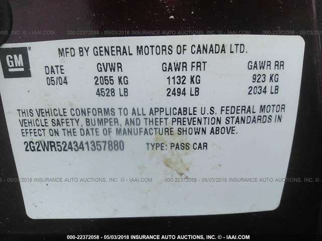 2G2WR524341357880 - 2004 PONTIAC GRAND PRIX GTP ბურგუნდია ფოტო 9