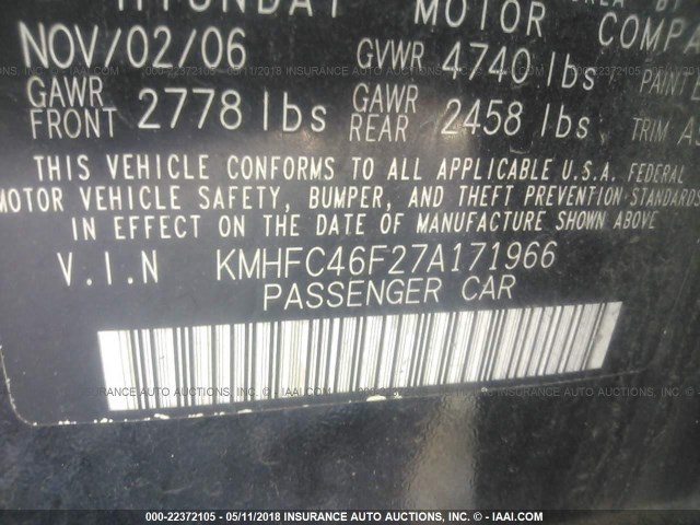 KMHFC46F27A171966 - 2007 HYUNDAI AZERA SE/LIMITED BLACK photo 9