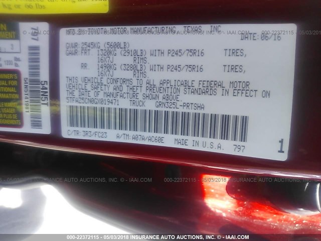 5TFAZ5CN0GX019471 - 2016 TOYOTA TACOMA DBL CAB/SR5/TRD SPORT/OR RED photo 9