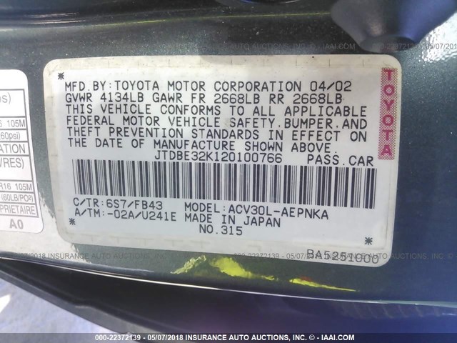 JTDBE32K120100766 - 2002 TOYOTA CAMRY LE/XLE/SE Yaşıl foto 9