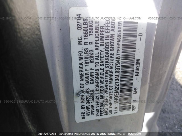 1HGEM22134L037948 - 2004 HONDA CIVIC DX VP SILVER photo 9