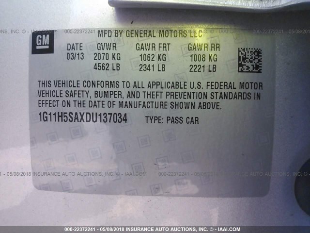 1G11H5SAXDU137034 - 2013 CHEVROLET MALIBU LTZ SILVER photo 9