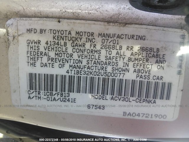 4T1BE32K02U500077 - 2002 TOYOTA CAMRY LE/XLE/SE ვერცხლისფერი ფოტო 9