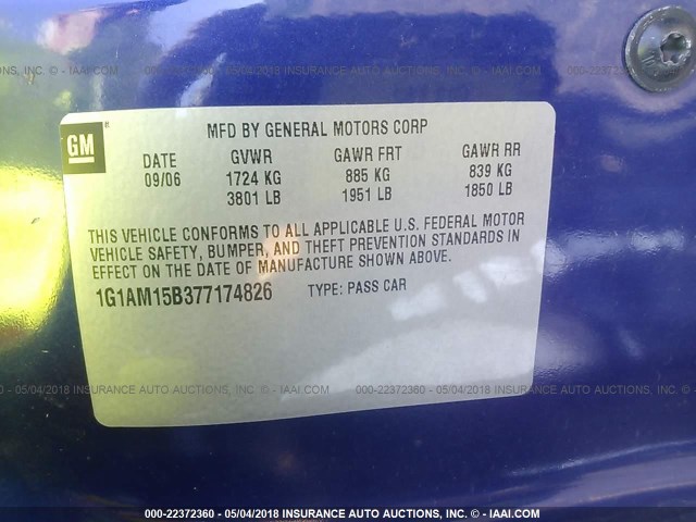 1G1AM15B377174826 - 2007 CHEVROLET COBALT SS BLUE photo 9